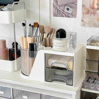 360 Degree Rotating Brush Stand with Cosmetic Storage Rack
