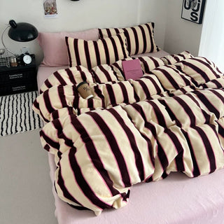 Pink Brown Wide Stripe Winter Duvet Cover Set