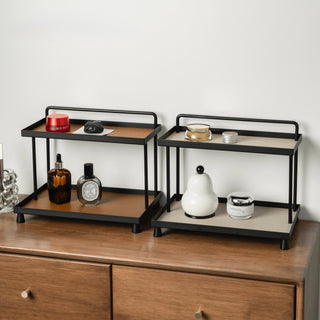 Top handle included. Iron and leather black frame storage tray two-tiered rack. Display rack.