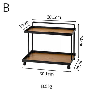 Top handle included. Iron and leather black frame storage tray two-tiered rack. Display rack.