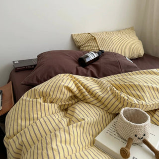 Yellow Brown Pin Stripe Cotton Duvet Cover Set 2 Sizes  All Seasons