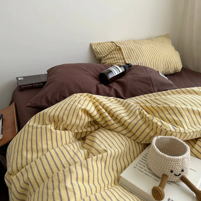 Yellow Brown Pin Stripe Cotton Duvet Cover Set 2 Sizes  All Seasons