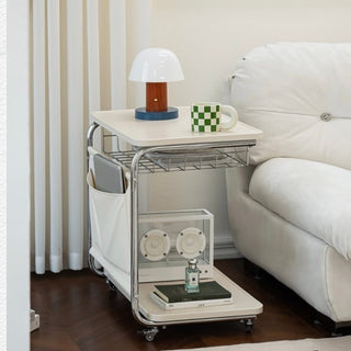 Caster-equipped U-shaped pocket storage two-tier side table  bedside table