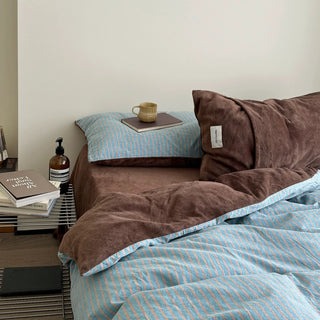Blue Brown Pin Stripe Cotton Fleece Winter Duvet Cover Set
