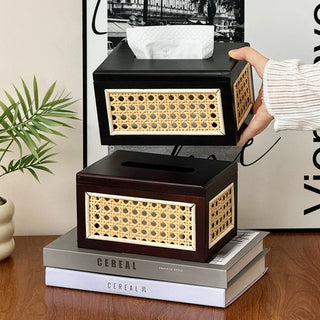Rattan Basketweave Wood Tissue Case