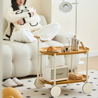 Handle Caster-equipped Oval-shaped Two-tiered Side Tablein  Wagon Trolley