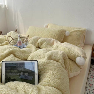 Yellow Pom-Pom Milk Velvet Winter Thick Duvet Cover Set
