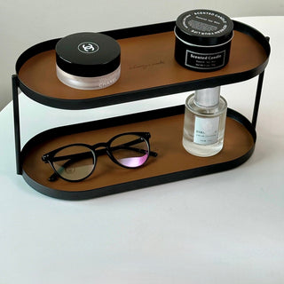 Iron Leather Oval Large Two-Tier Tray  Storage Rack
