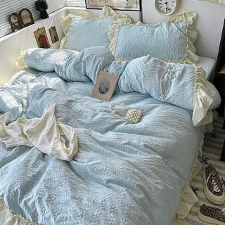 Frill Washed Cotton Duvet Cover Set  Blue Bed Cover