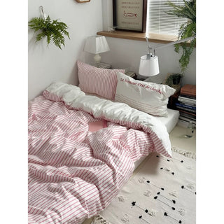 White Pink Stripe Duvet Cover Set