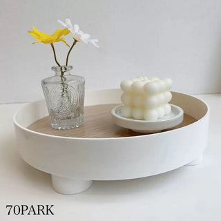 Wood grain print round accessory trayin  small item holder.