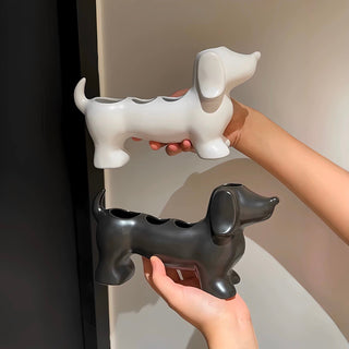 Dachshund motif ceramic toothbrush holder dog-themed storage bathroom sink.