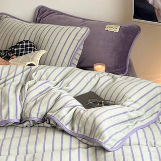 Purple Stripe Piping Thick Milk Fleece Winter Duvet Cover Set