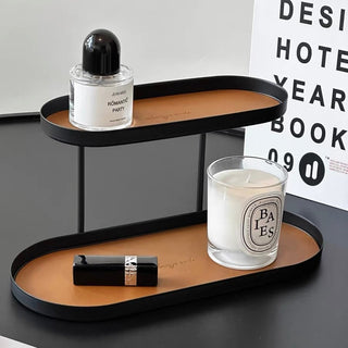 Iron Leather Oval Two-Tier Tray Storage Rack