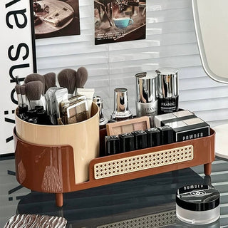 degree rotating brush stand with woven-style cosmetic storage tray