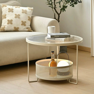 Iron Glass Round Side Table  Low Table with Storage