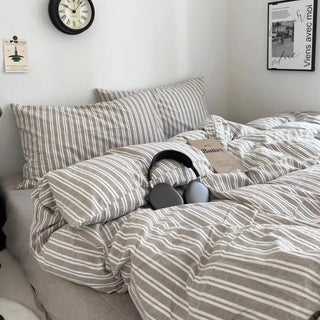 Greige White Stripe Cotton Duvet Cover Set  All Season