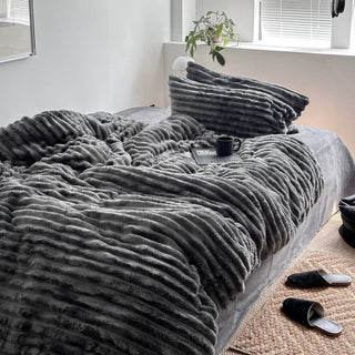 Faux Fur Striped Gray Winter Duvet Cover Set
