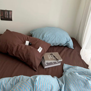 Blue Brown Pin Stripe Cotton Duvet Cover Set 2 Sizes  All Seasons