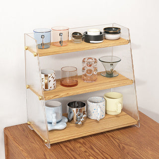 Clear x Wood Grain Three-Tier Storage Display Rack