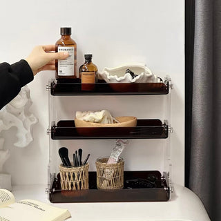 Clear Brown Acrylic Three-Tier Storage Display Rack for Cosmetics and Perfumes