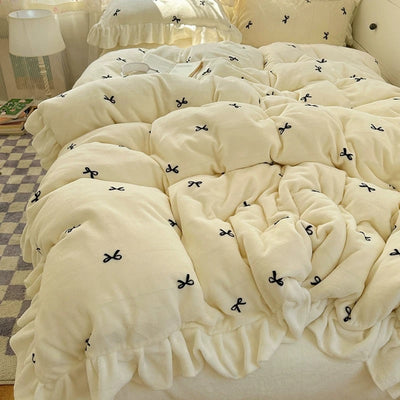 Ribbon pattern frill milk velvet winter duvet cover set 2 sizes