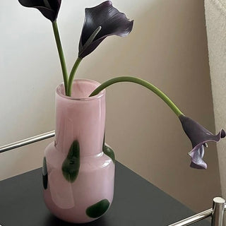Green polka dot pink glass flower vase