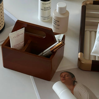Handle-equipped wooden divider storage mini box for cosmetics