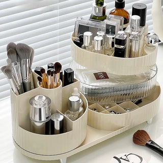 360 Degree Rotating Brush Stand with Sliding Cosmetic Storage Tray