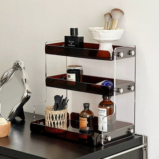 Clear Brown Acrylic Three-Tier Storage Display Rack for Cosmetics and Perfumes