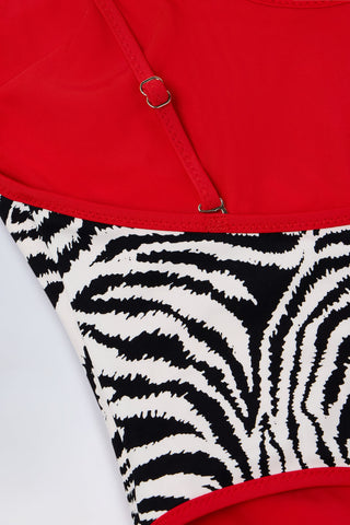 Charm-Detail Cross-Back Swimsuit in Zebra Print