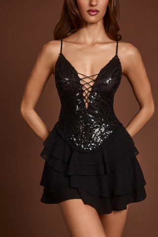 Embellished Lace-Up Ruffle Mini Dress in Black Zebra