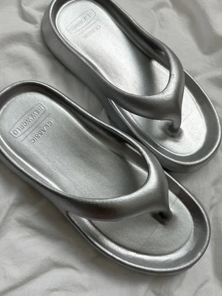Soft and fluffy summer silver flip-flops