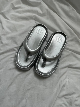 Soft and fluffy summer silver flip-flops