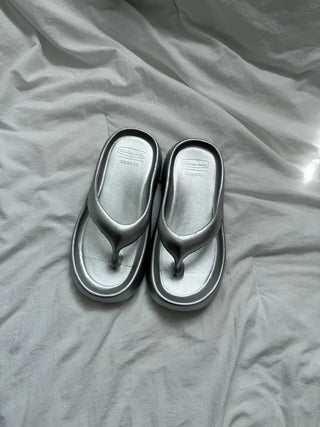 Soft and fluffy summer silver flip-flops