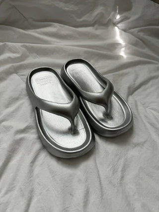 Soft and fluffy summer silver flip-flops