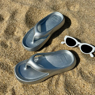 Soft and fluffy summer silver flip-flops