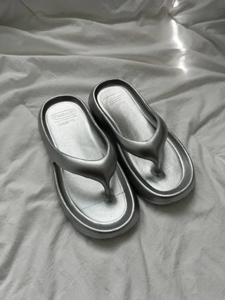Soft and fluffy summer silver flip-flops