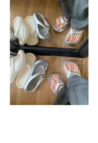 Soft and fluffy summer silver flip-flops