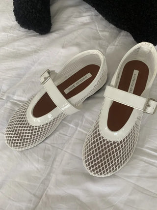 Mesh net see-through flat net summer Alaia Mary Jane flats ballerina fishnet shoes