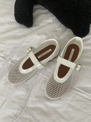 Mesh net see-through flat net summer Alaia Mary Jane flats ballerina fishnet shoes