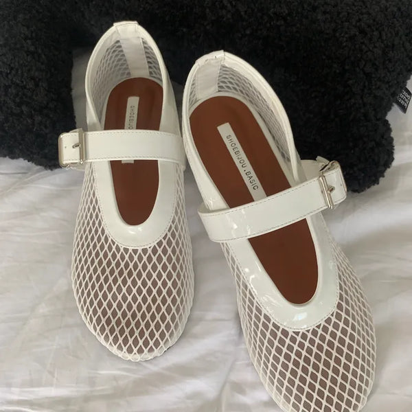 Mesh net see-through flat net summer Alaia Mary Jane flats ballerina fishnet shoes