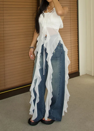 See-through flower frill long halterneck bustier