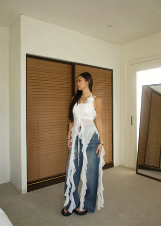 See-through flower frill long halterneck bustier