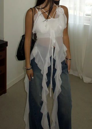 See-through flower frill long halterneck bustier