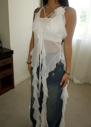 See-through flower frill long halterneck bustier