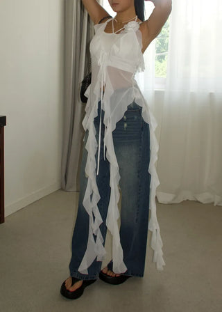 See-through flower frill long halterneck bustier