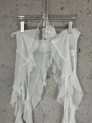 See-through flower frill long halterneck bustier