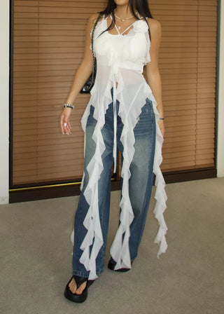 See-through flower frill long halterneck bustier