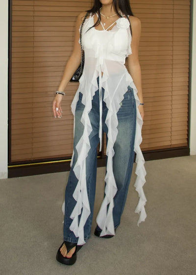 See-through flower frill long halterneck bustier